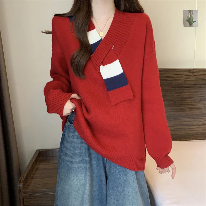 大码女装慵懒风围巾V领长袖毛衣秋冬微胖宽松显瘦针织上衣打底衫
