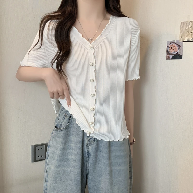 大码遮肚子V领木耳边短袖针织开衫女夏季胖妹妹宽松显瘦百搭上衣