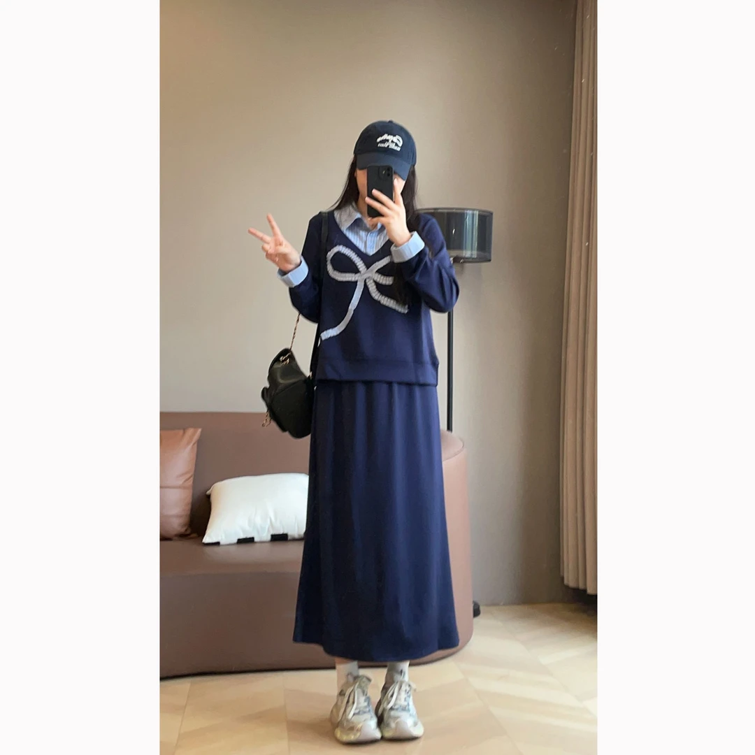 【萌萌】气质学院风蝴蝶结假两件卫衣长半裙秋季显瘦套装S824X17916