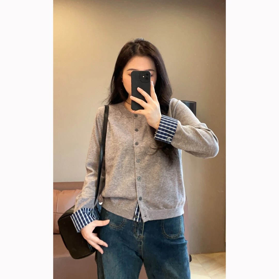 【萌萌】时尚格纹拼接假两件针织衫秋冬微胖显瘦百搭通勤S824X17572