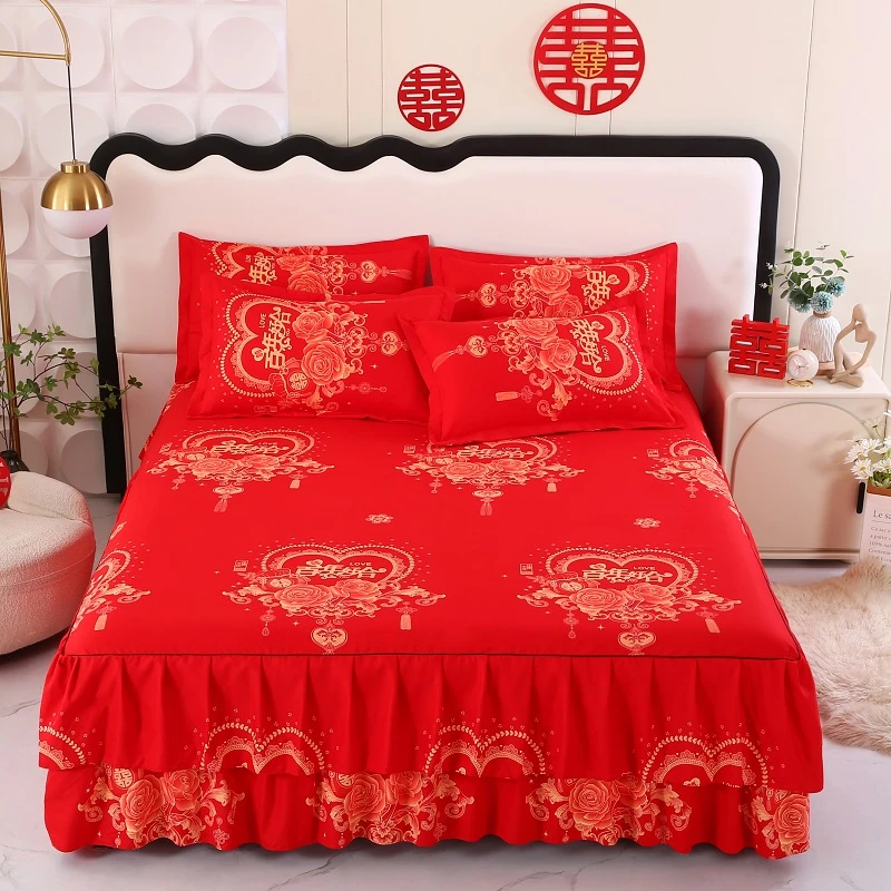 【床裙单件】加厚床裙单件双层裙床罩床笠婚庆大红色防滑床盖斜纹