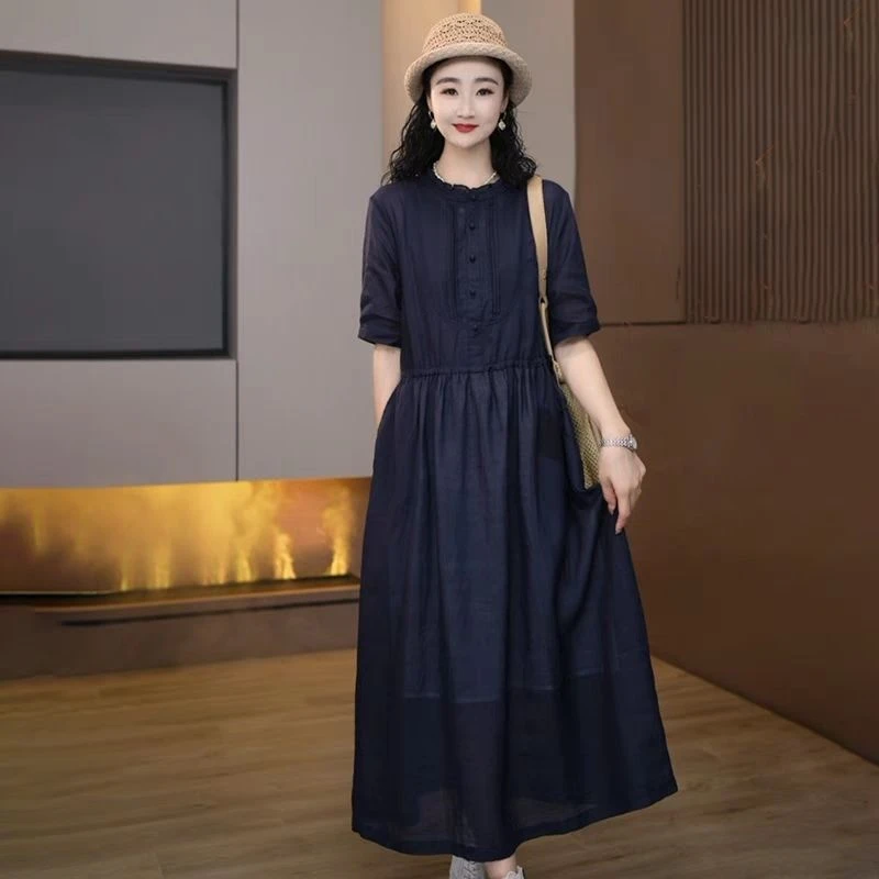夏季文艺苎麻宽松连衣裙显瘦收腰系带气质短袖长款新款连衣裙