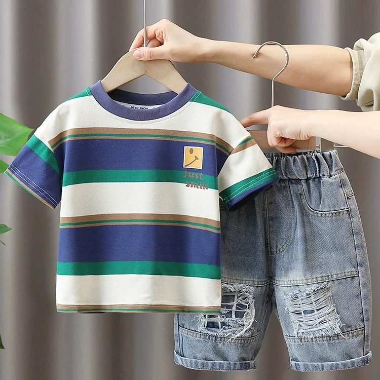 男童夏季套装2024新款儿童帅气时髦条纹短袖运动服夏装炸街韩系潮