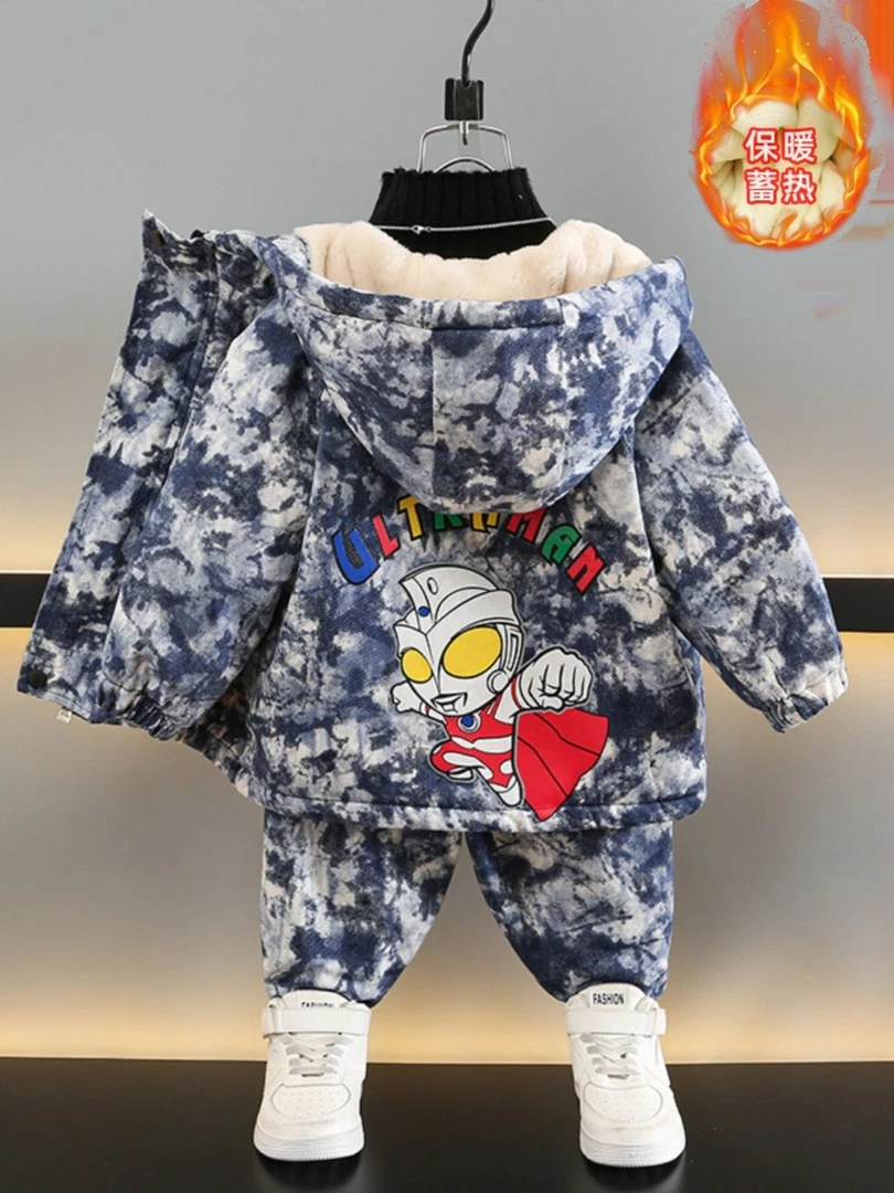 奥特曼套装男童童装服加绒套装秋冬装2023新款宝宝冬季加厚棉洋气