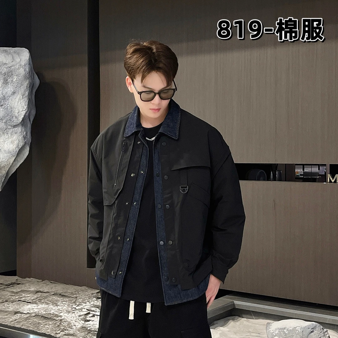 【YGN】冬新款潮流牛仔拼接假两件外套男宽松夹克时尚E803