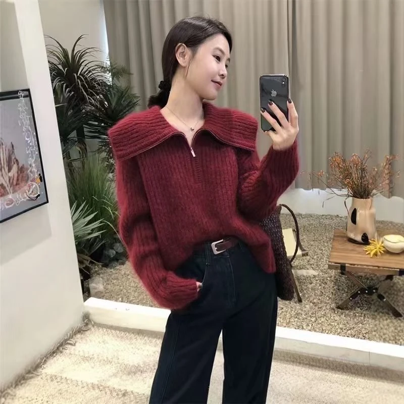 百搭海军领拉链设计软糯针织衫2025冬季新款韩系纯色休闲毛衣上衣