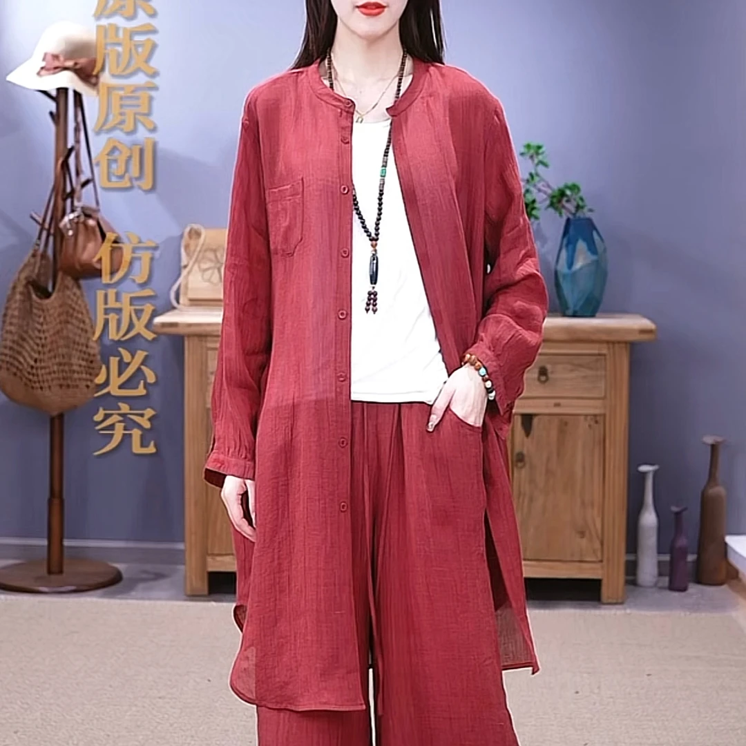 小镇阿布】肌理感苎麻衬衫秋季文艺复古女装中长款立领上衣8059