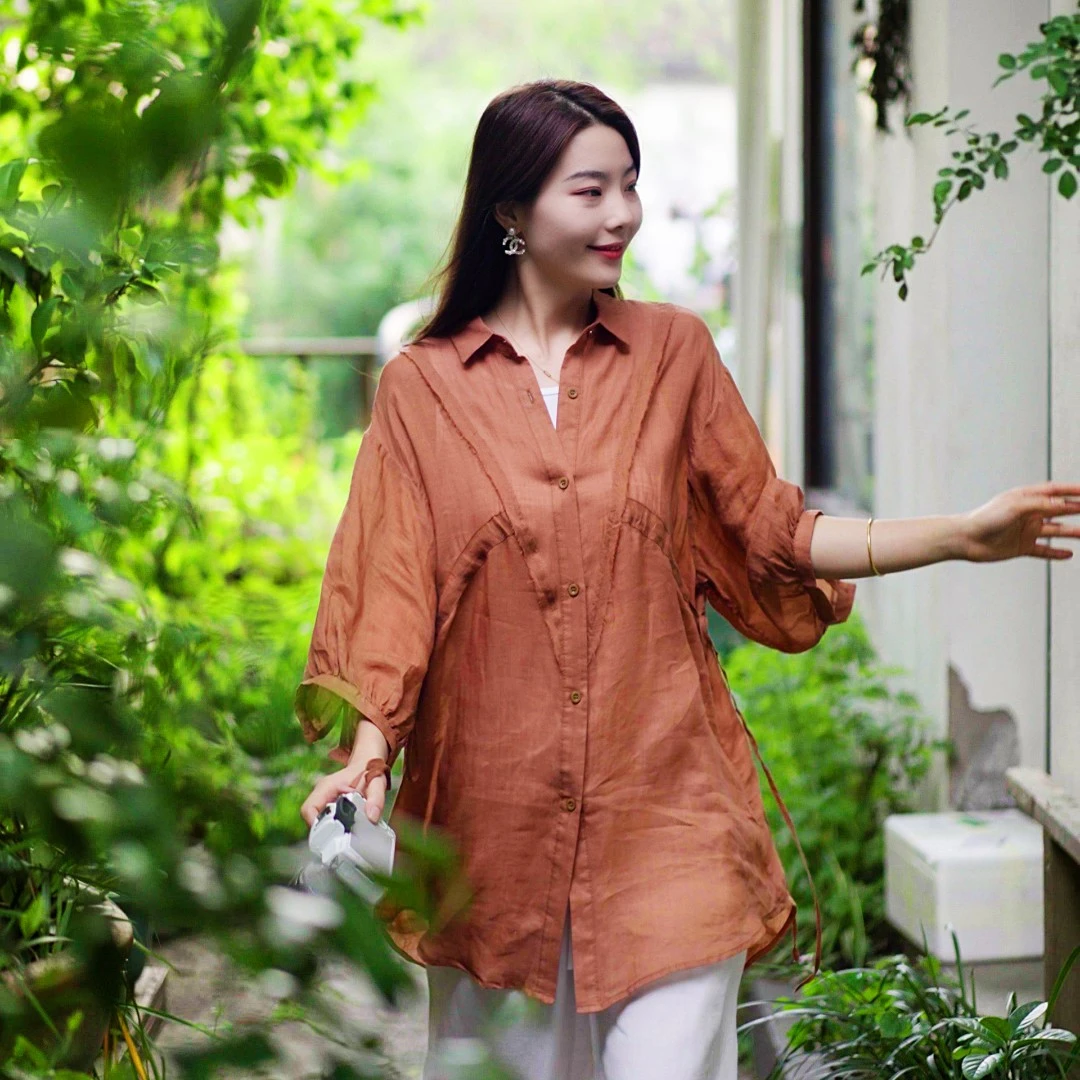 云筝 清仓苎麻衬衫夏季新款文艺大码百搭休闲上衣7080---