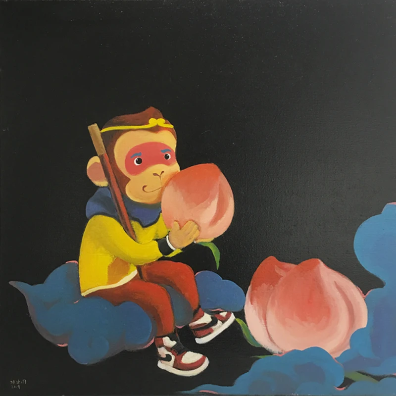 陈建周《我的礼物》布面油画作品50×50cm卡通潮流艺术原作收藏现代