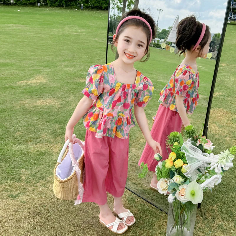 女童套装2025夏装新款韩版短袖碎花娃娃衫阔腿裤两件套洋气衣服