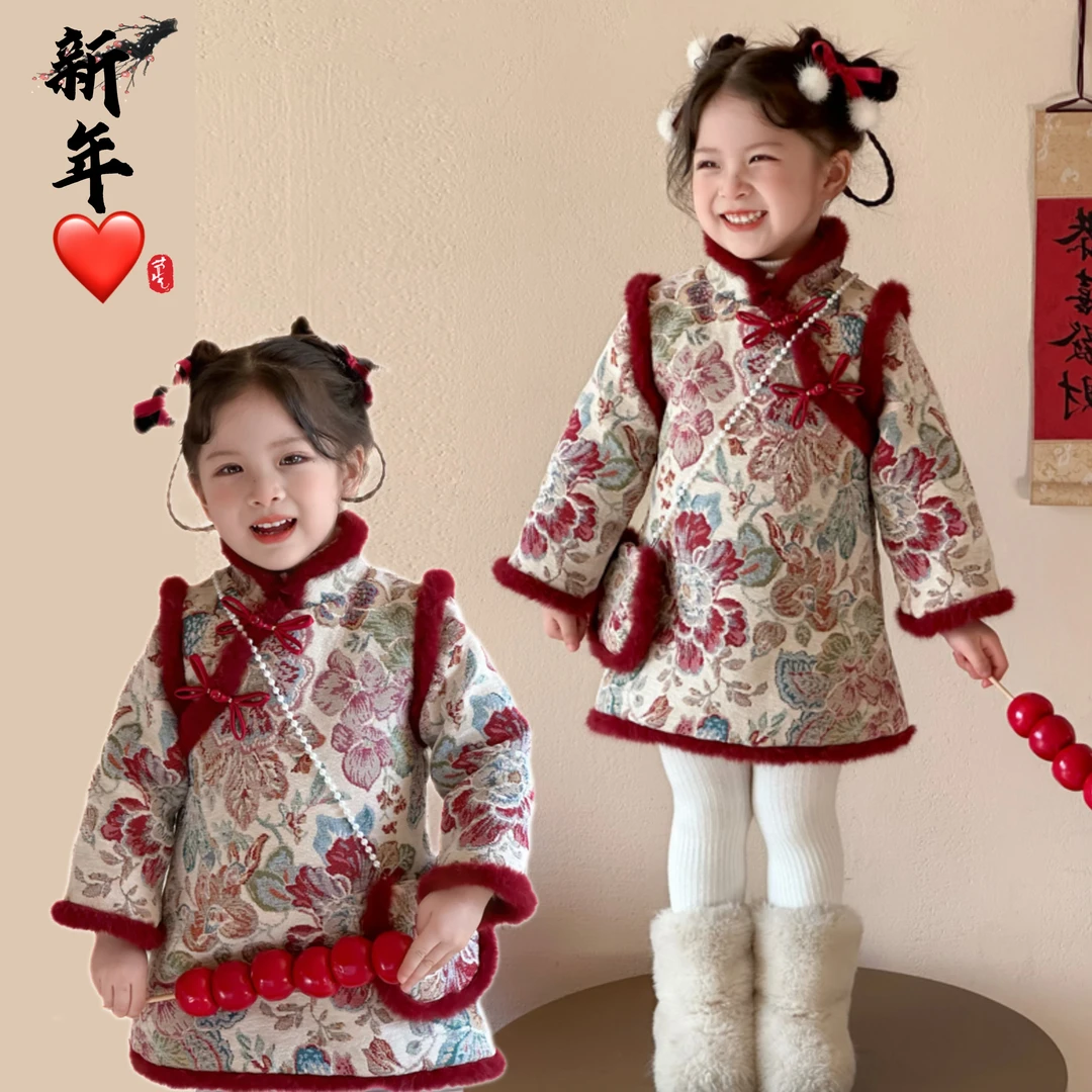 女童加绒加厚旗袍裙2024冬季新款儿童国风红色格格装宝新年拜年服