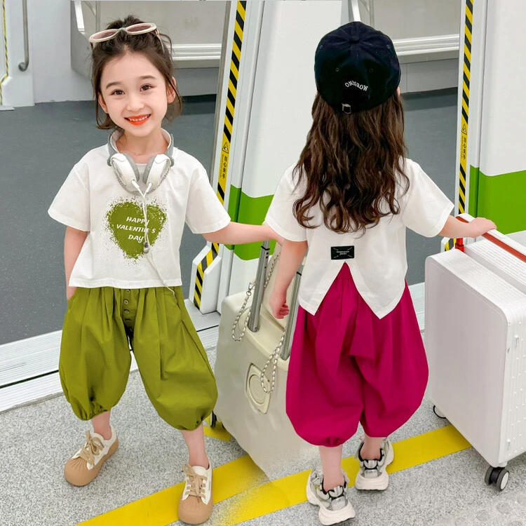 女童洋气灯笼裤套装韩版时尚休闲T恤七分裤两件套中小童夏装