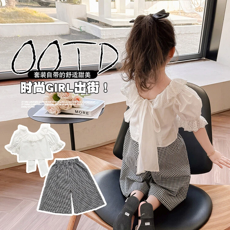 女童洋气套装森系小清新娃娃衫加格子裤两件套夏季新款中小童衣服