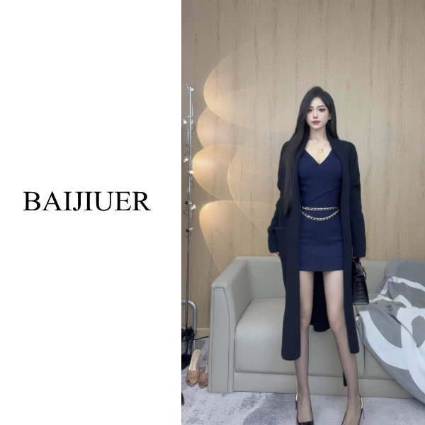 【BAIJIUER】新款毛衣外套高级感系带针织开衫中长款慵懒风