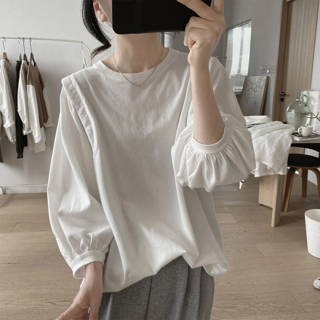 100%棉灯笼袖T恤女春夏新款宽松显瘦圆领七分袖小众设计感上衣