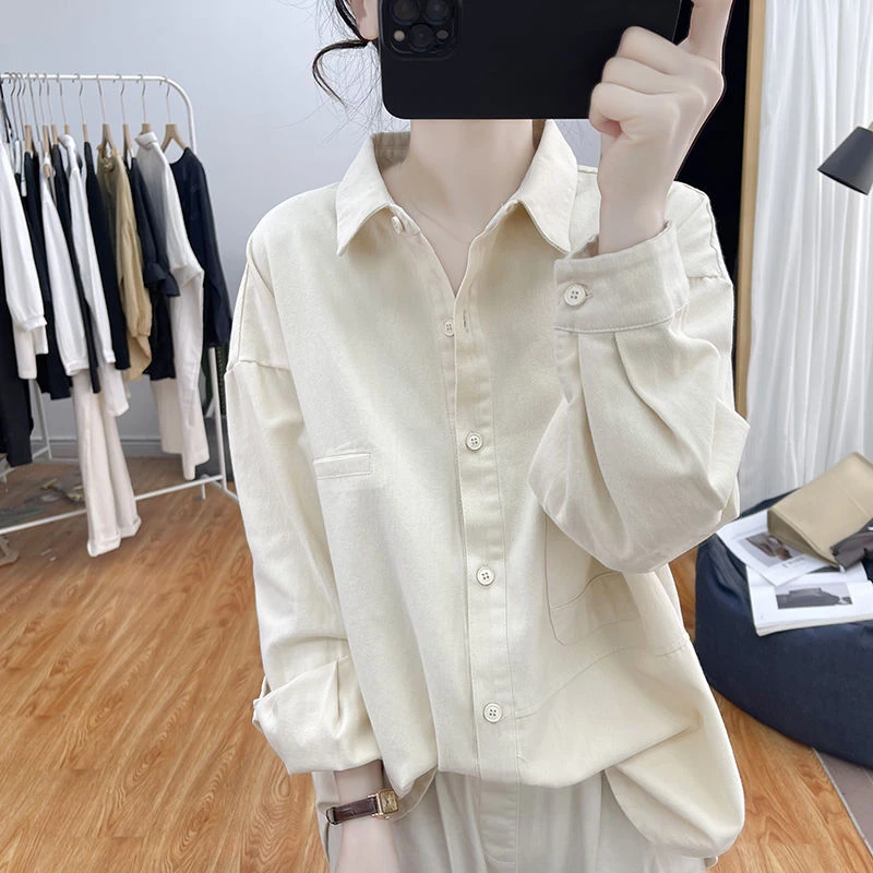 高品质纯棉2025春新款斜纹磨毛长袖衬衫女中长款上衣宽松工装衬衣