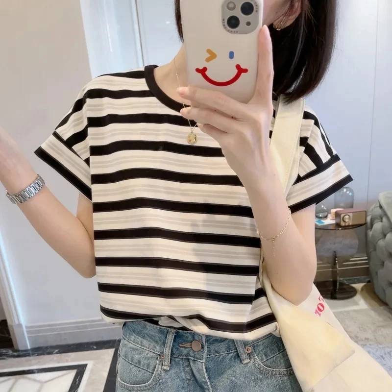 纯棉高品质长绒棉高织条纹T恤女宽松时尚设计感短袖气质女装