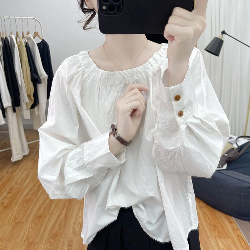 纯棉长袖衬衫女式上衣春季韩版时尚一字领蝙蝠袖设计感新款休闲