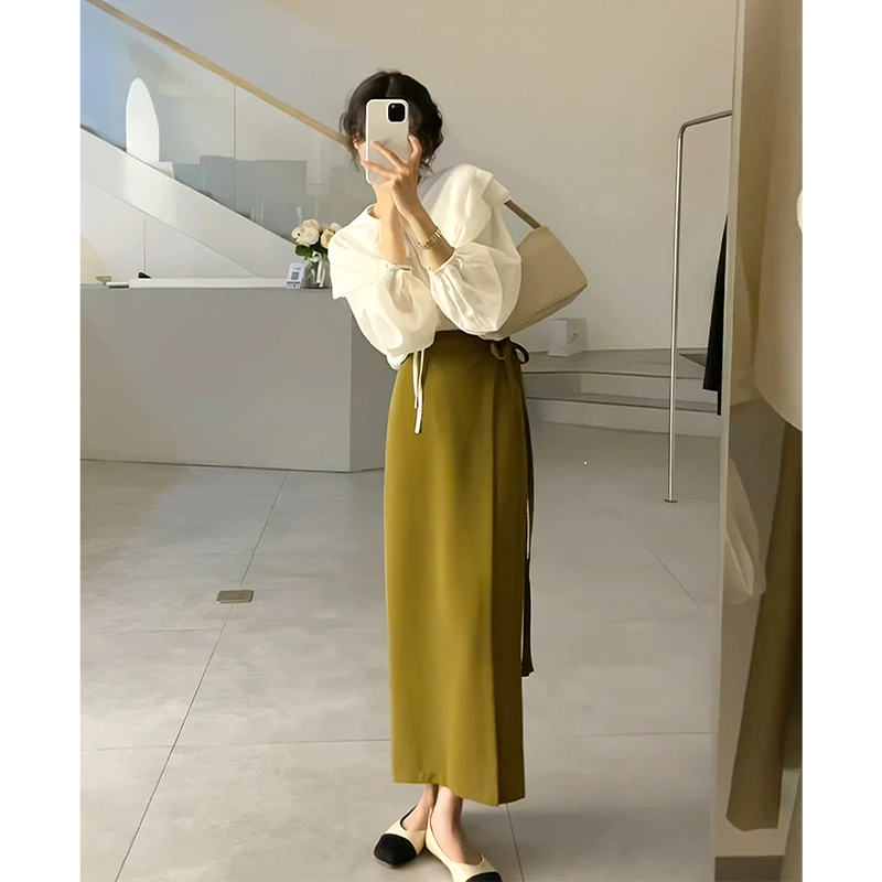 A702#2025春季新款女轻熟风设计感荷叶边上衣系带高腰显瘦半身裙