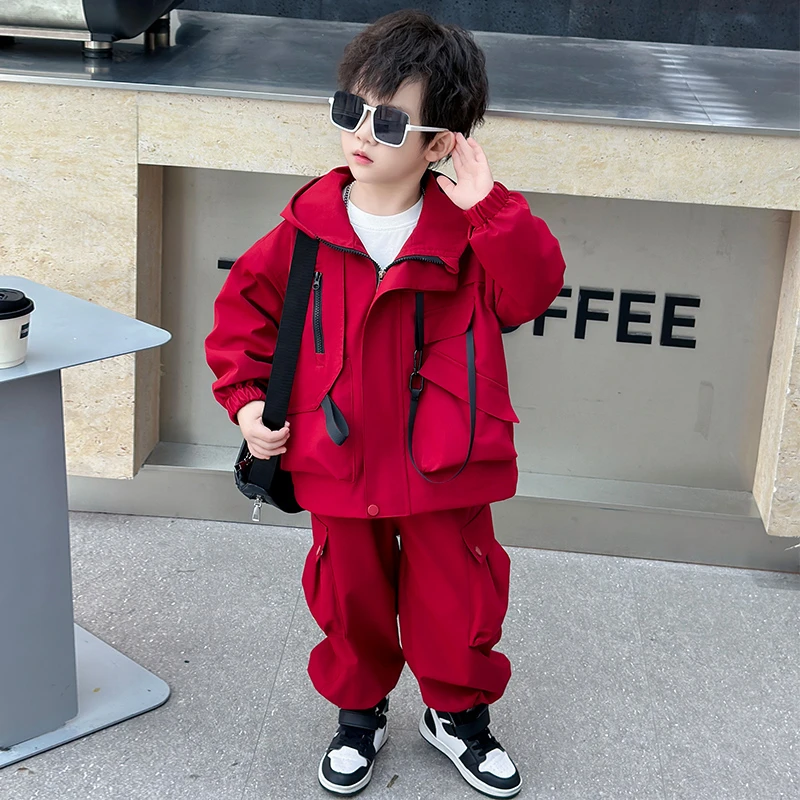 男童冲锋衣套装春秋儿童连帽外套长裤工装外套男宝宝帅气防风秋装