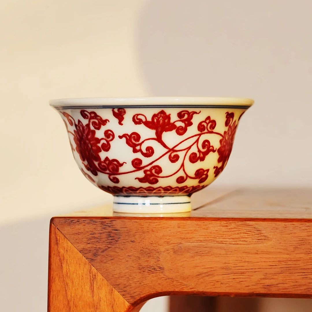 几呈窑丨釉里红全红缠枝莲小压手