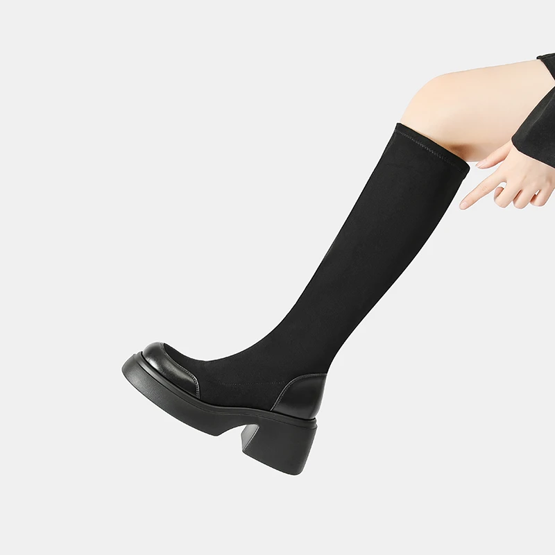 长筒不过膝弹力绒面袜靴女秋冬新款时尚百搭高筒厚底增高瘦瘦靴