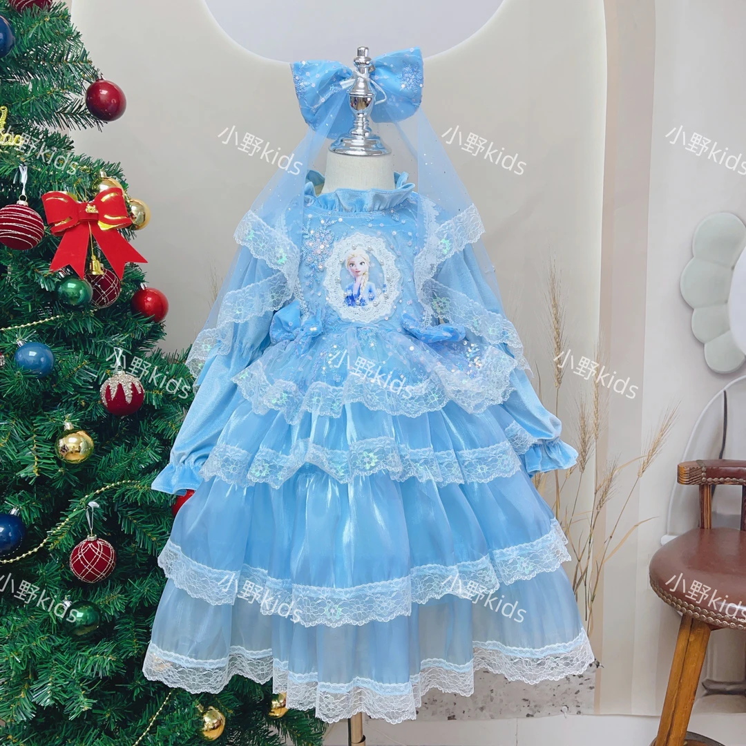 女童艾莎萝莉裙冰雪公主裙冬季女王洛丽塔蓬蓬裙长袖加绒加厚裙子