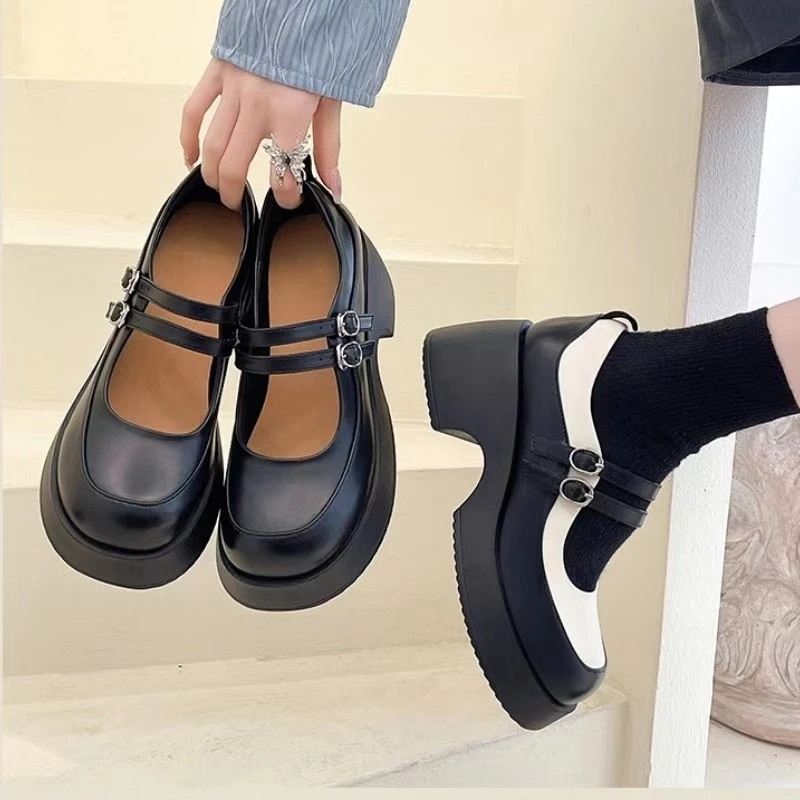 玛丽珍小皮鞋女2023夏季新款法式粗跟厚底鞋小香风乐福鞋拼色单鞋