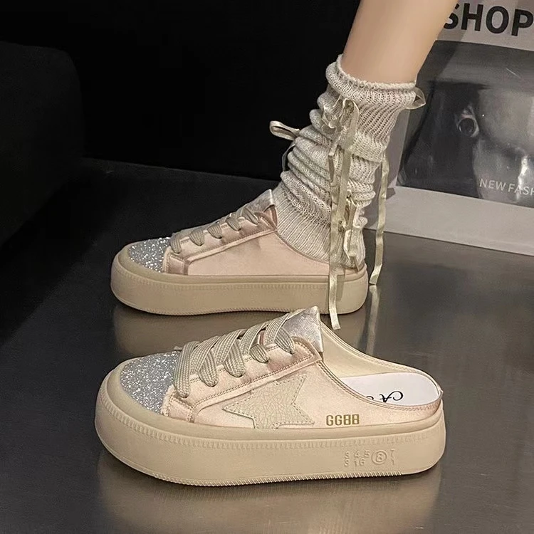 2024夏季新款厚底圆头亮片板鞋女生外穿时尚懒人一脚蹬包头半拖鞋