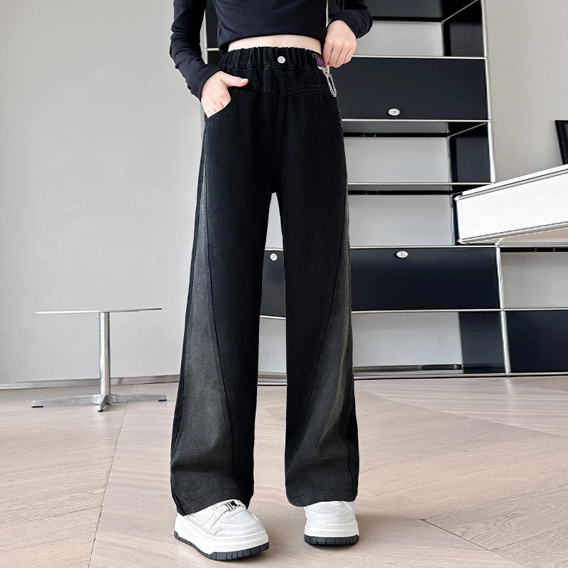 女童牛仔裤2024新款秋冬加绒裤子高腰百搭宽松直筒显瘦黑色阔腿裤
