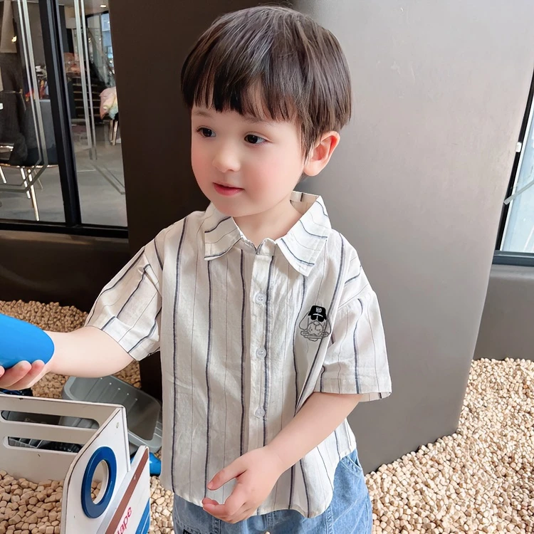 半袖衬衫短袖男童衬衫梭织棉薄款短袖衬衫中小童宝宝夏季条纹洋气