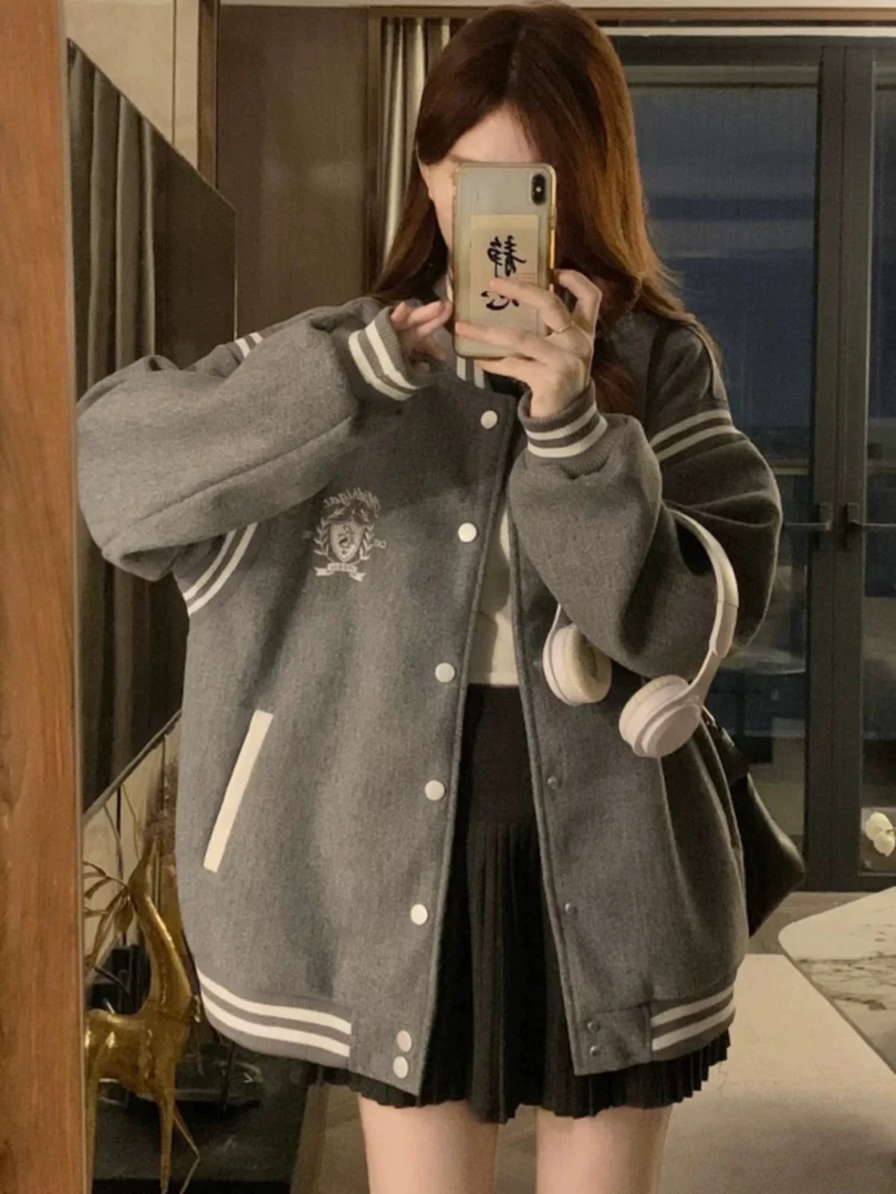 学院风秋冬韩版休闲宽松夹棉加厚毛呢棒球服大衣外衣A1131