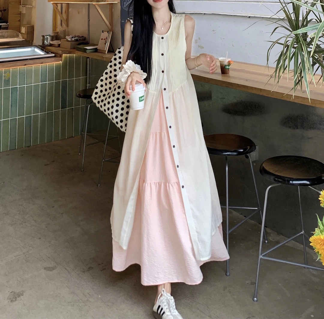 高级感时尚套装无袖压褶衬衫连衣裙女半身裙长裙两件套A1016