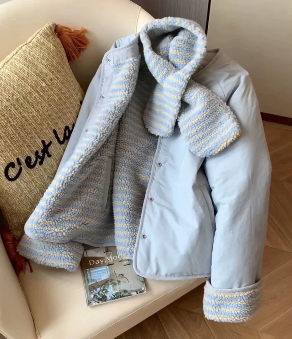 双面穿ins休闲百搭情侣保暖韩版秋冬韩系条纹围脖二件套棉服A1156