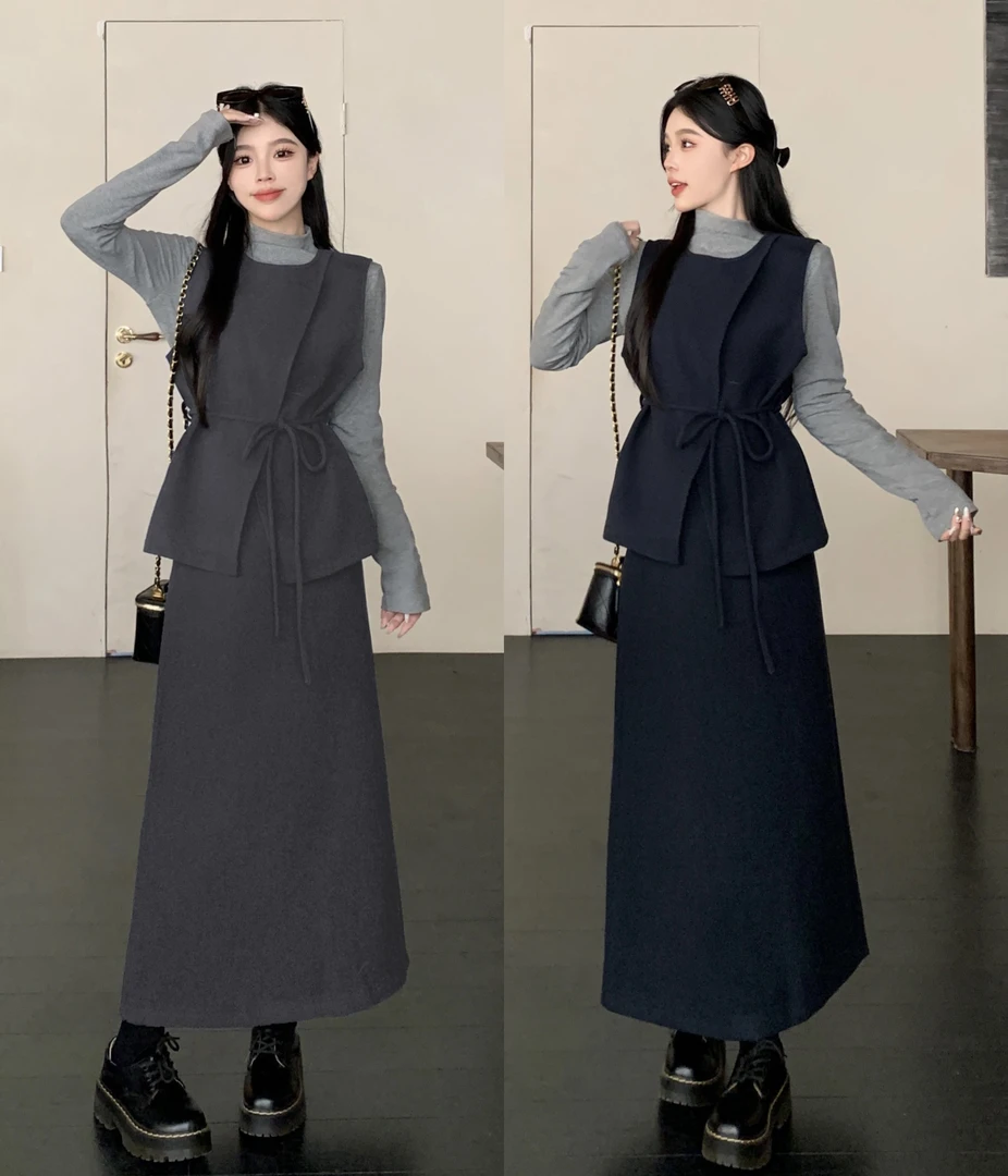 2024秋季新款时尚气质千金高领打底衫马甲A字半身长裙三件套套装