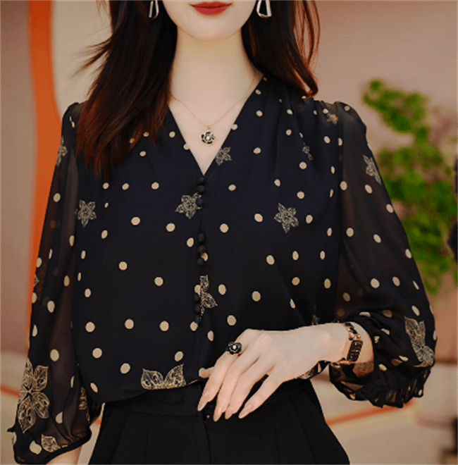 千渝 早春新款高端印花时尚上衣女百搭设计感气质轻奢高级V24Q293