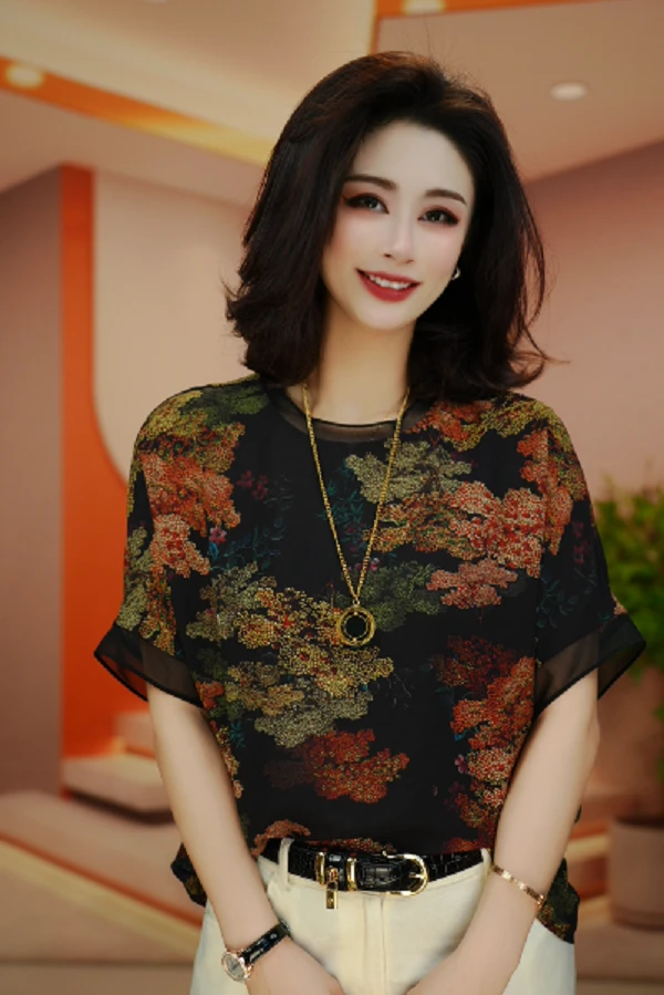 时尚中国风衬衫圆领t恤重磅印花休闲风常规夏季印染复古S24H343