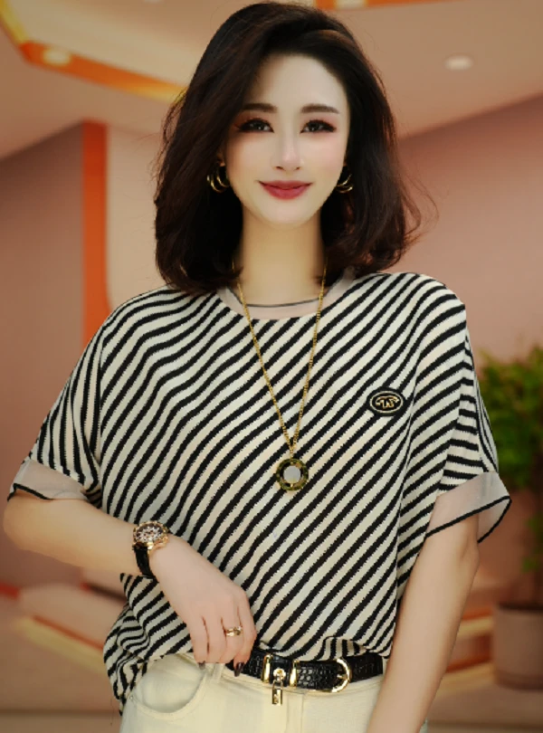 时尚韩版民族风显瘦不起球条纹印染衬衫女士百搭圆领宽松S24Q332