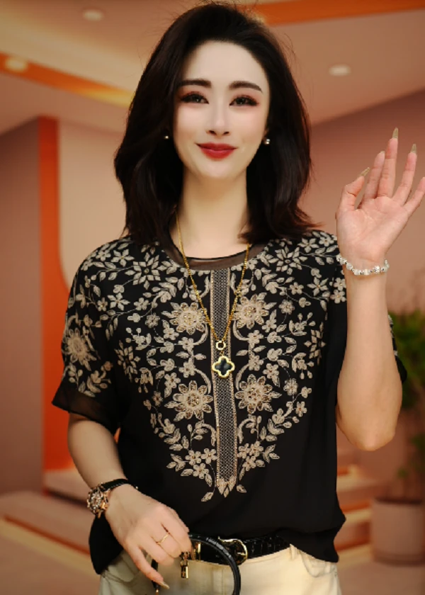 衬衫常规款波复古圆领针织夏季气质印染成人洋气上衣S24H167