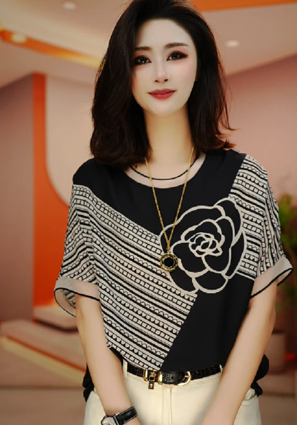 不起球拼接显瘦设计感半袖衬衫条纹常规夏季印花成人女装V24Q156