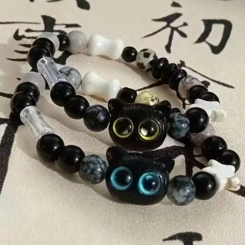 合金手链 爆款奶酪呆萌可爱小猫咪星星黑白手链情侣礼物手链