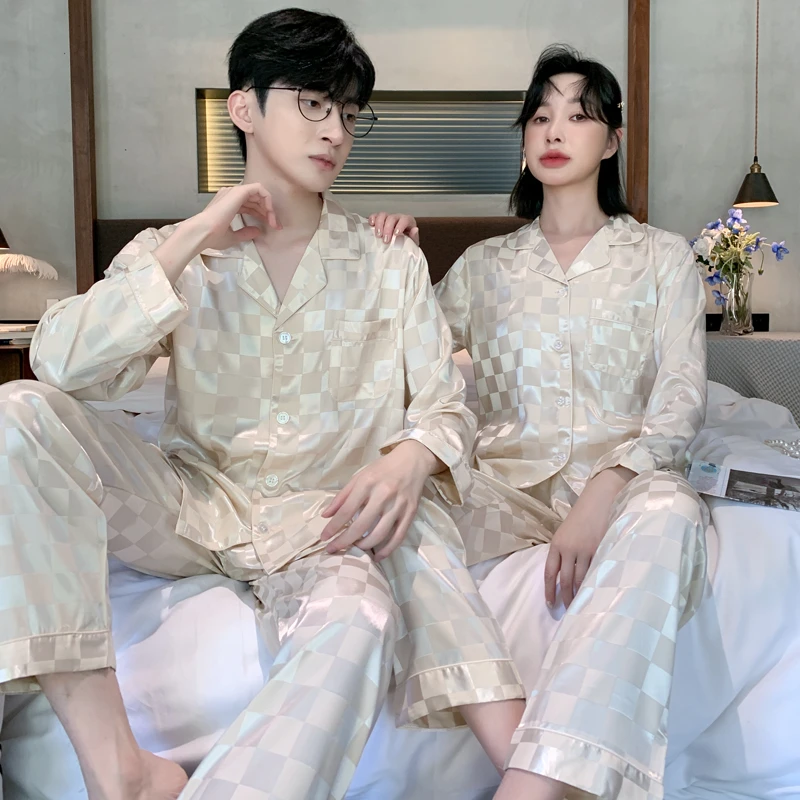 情侣睡衣女春秋季冰丝长袖高级感2025年新款男士仿真丝绸家居服薄