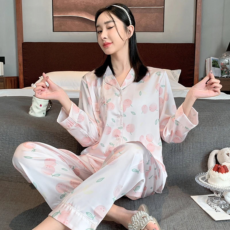 新款冰丝睡衣女士春秋季长袖薄开衫缎面夏天甜美两件套家居服套装