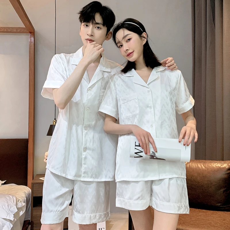 白色情侣睡衣女夏季冰丝短袖薄款时尚男士网红夏天休闲家居服套装