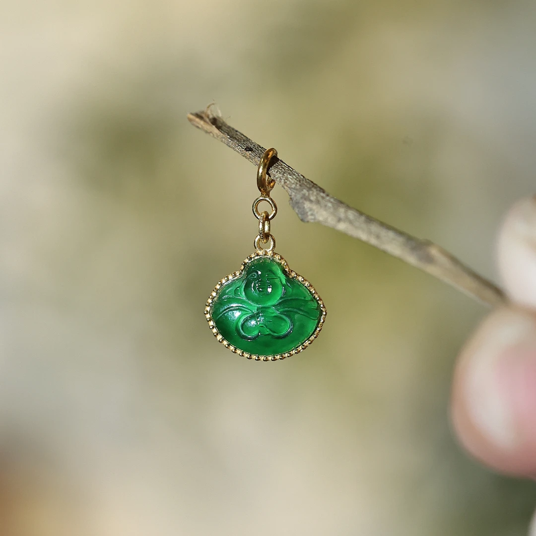 池琦丨18K金天然A货绿翡翠抱抱佛吊坠（不含链/颜色微不同）