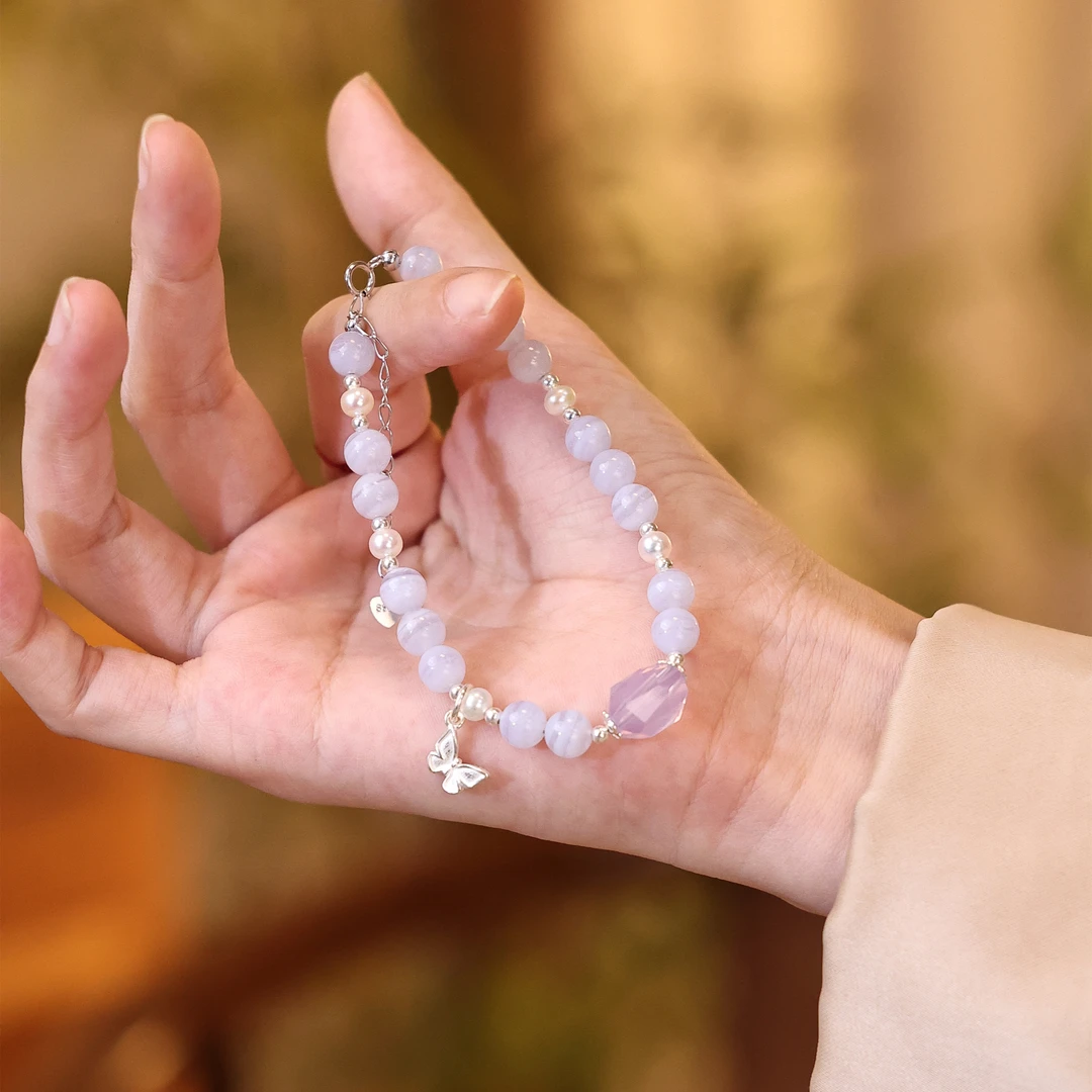 【子鱼】气质百搭时尚紫玉晶蓝纹玛瑙S925银手链