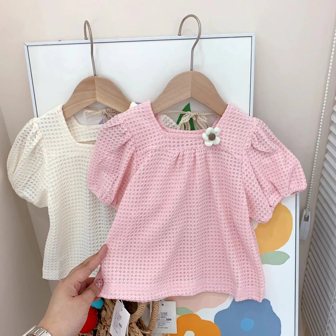 241283  女童夏季韩版棉质休闲透气网红泡泡袖短袖娃娃衫