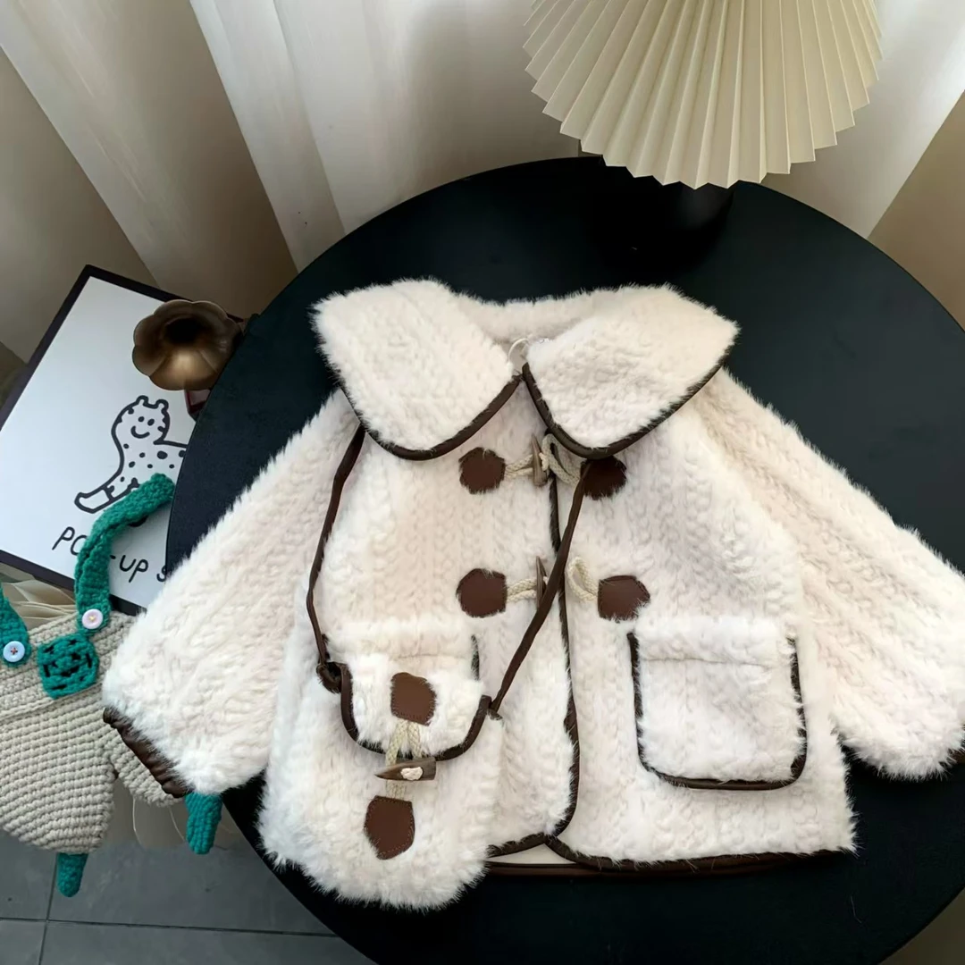 241455  女童冬季加绒加厚韩版棉质带小包包毛毛长袖外套