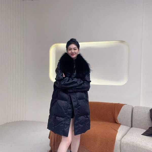 百轻奢貉子毛大毛领设计师皮草鹅绒中长款外套兔皮毛一体24066