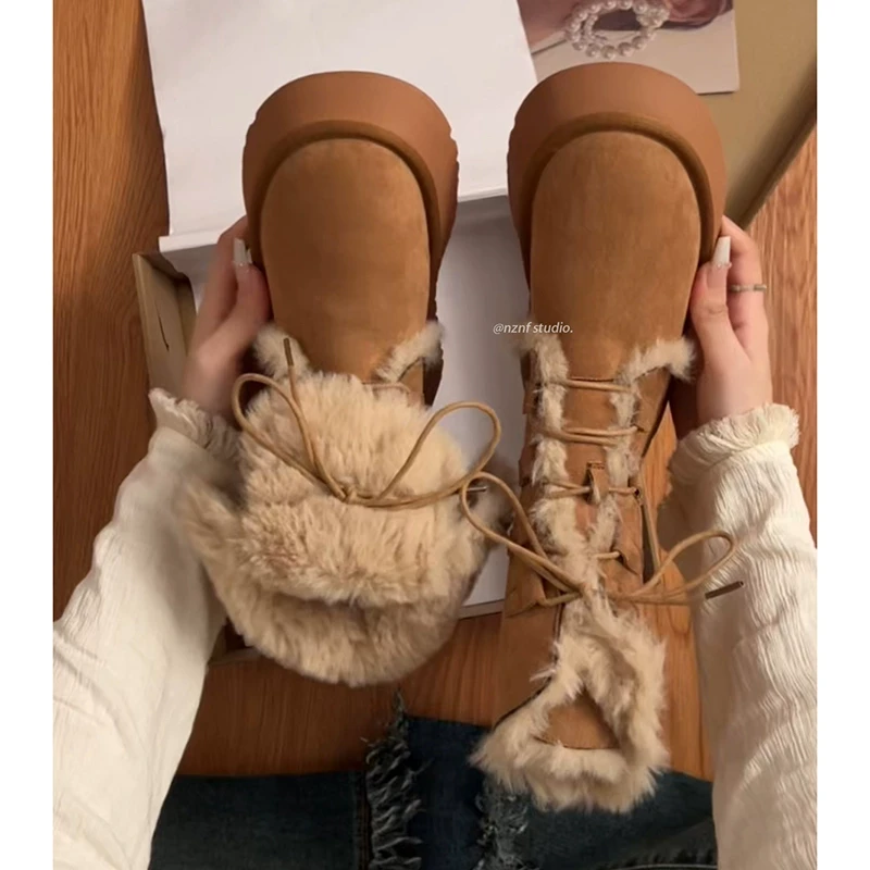品牌折扣系带两穿雪地靴女2023年厚底中筒皮毛一体加绒加厚棉靴子